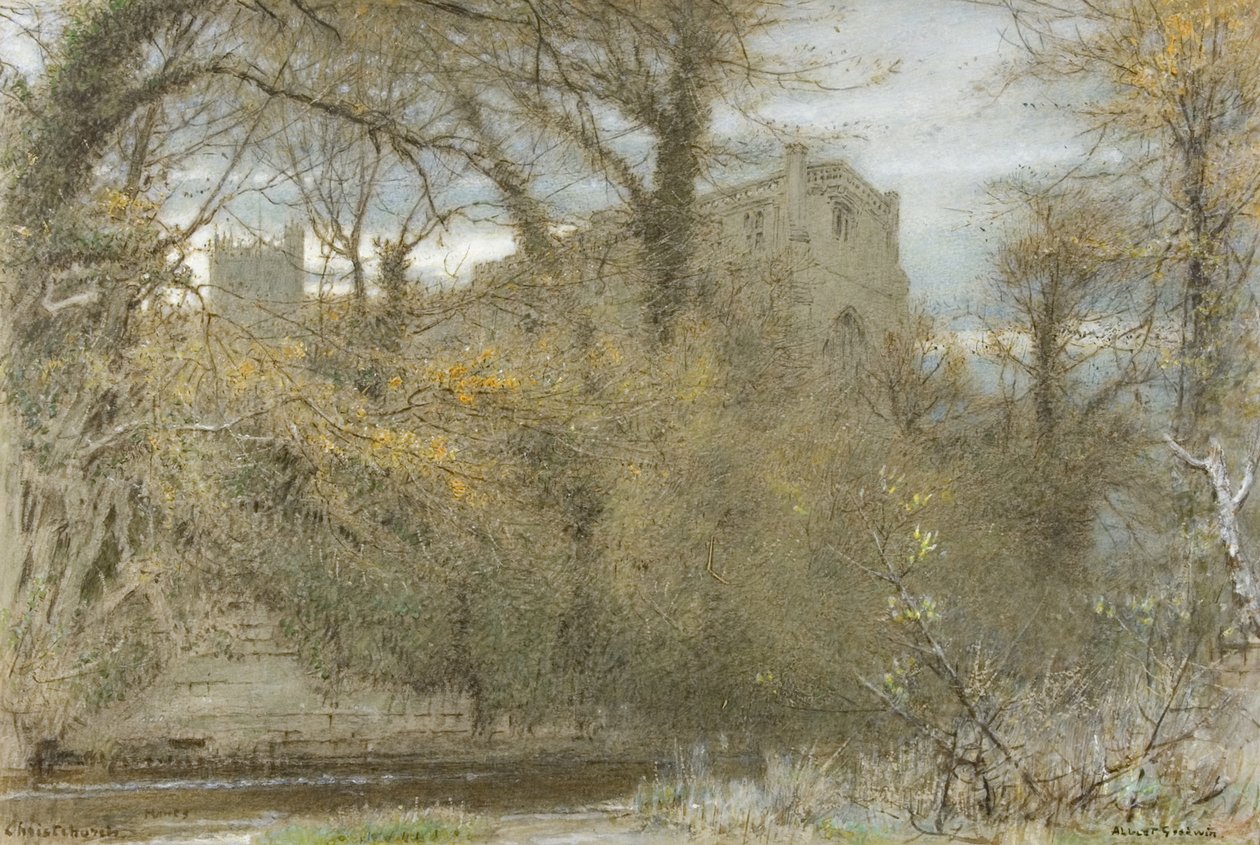 Christchurch, Hants (akvarell, kroppsfarge, olje, fargestift og blekk på papir) av Albert Goodwin