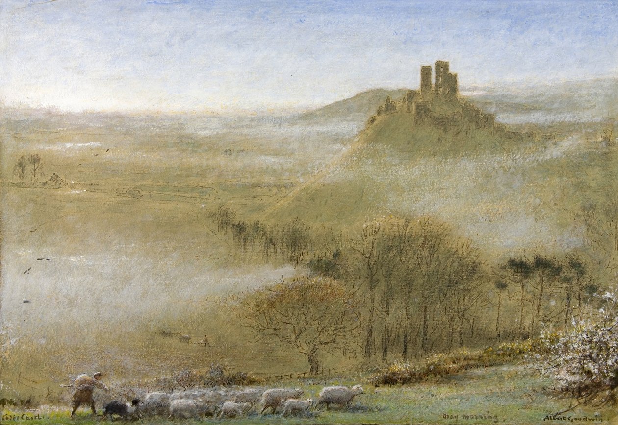 Corfe Castle, May Morning, ca. 1860-c. 1932 (blyant, akvarell, kroppsfarge, penn og blekk på papir) av Albert Goodwin
