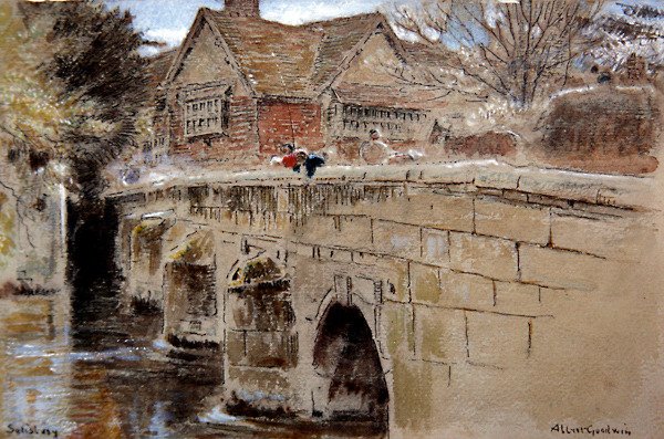 Crane Bridge, Salisbury (penn og blekk med akvarell og kroppsfarge på tonet papir) av Albert Goodwin