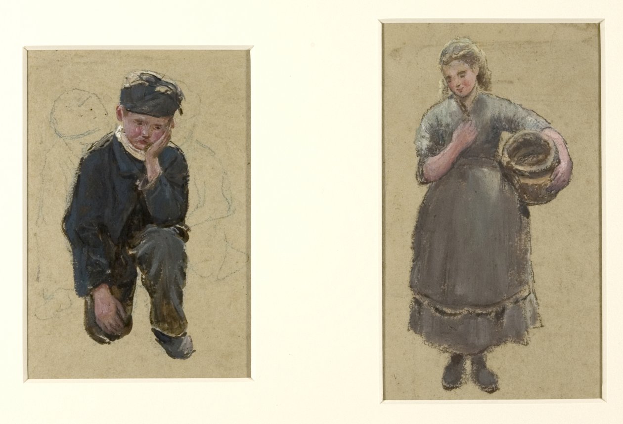 Fisher Girls og knelende gutt av Albert Goodwin