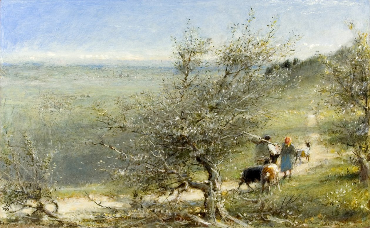 Firenze fra åsene nær Fresole, ca. 1860-c. 1932 (olje, penn og blekk om bord) av Albert Goodwin