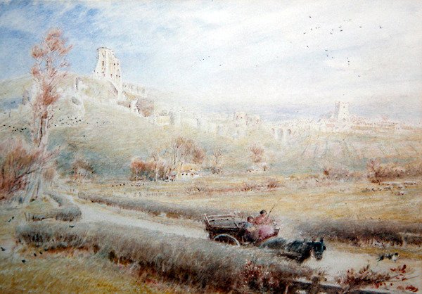 Hest og vogn, Corfe Castle av Albert Goodwin