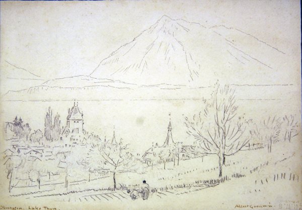 Thunsjøen, Oberhofen (blekk og blyant på papir) av Albert Goodwin