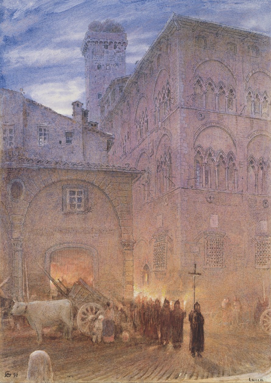 Lucca; Toscana; religiøs prosesjon; vogn; ku; av Albert Goodwin