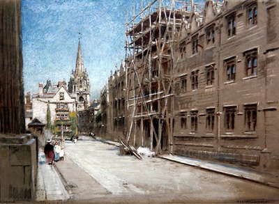 Oriel College, Oxford (akvarell og kroppsfarge på tonet papir) av Albert Goodwin