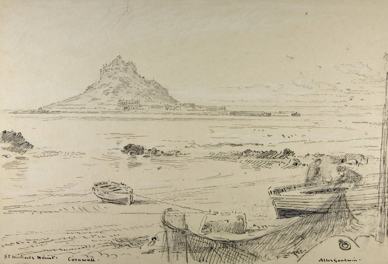 St. Michael's Mount, Cornwall, ca. 1870-80 (blyant, blekk og fargestift om bord) av Albert Goodwin