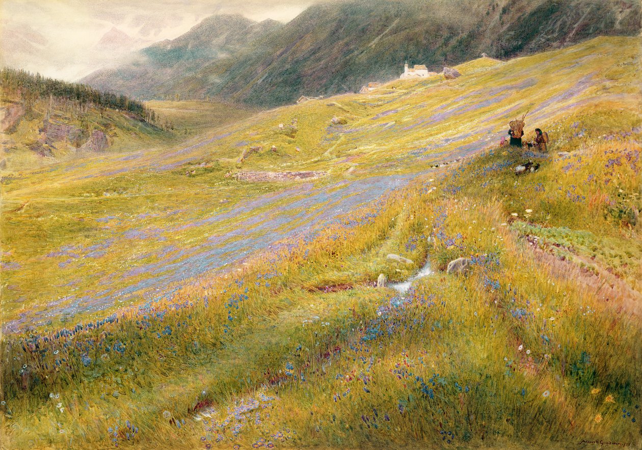 Alpesommeren, 1874 (wc med kroppsfarge på papir) av Albert Goodwin