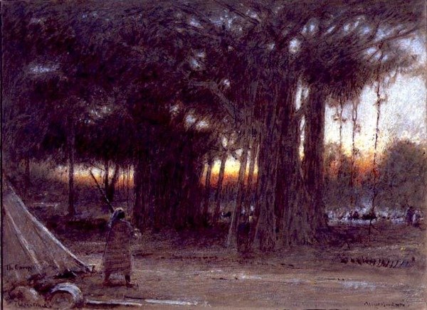 The Banyan Trees and the Sentinel (penn og blekk, akvarell og gouache) av Albert Goodwin