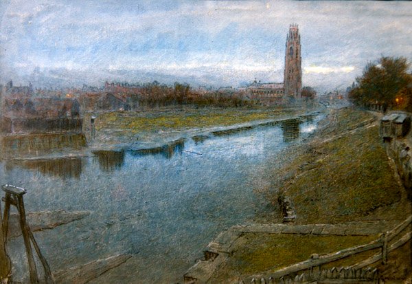 Utsikt over Boston, Lincolnshire (blyant, penn og blekk og akvarell på papir) av Albert Goodwin