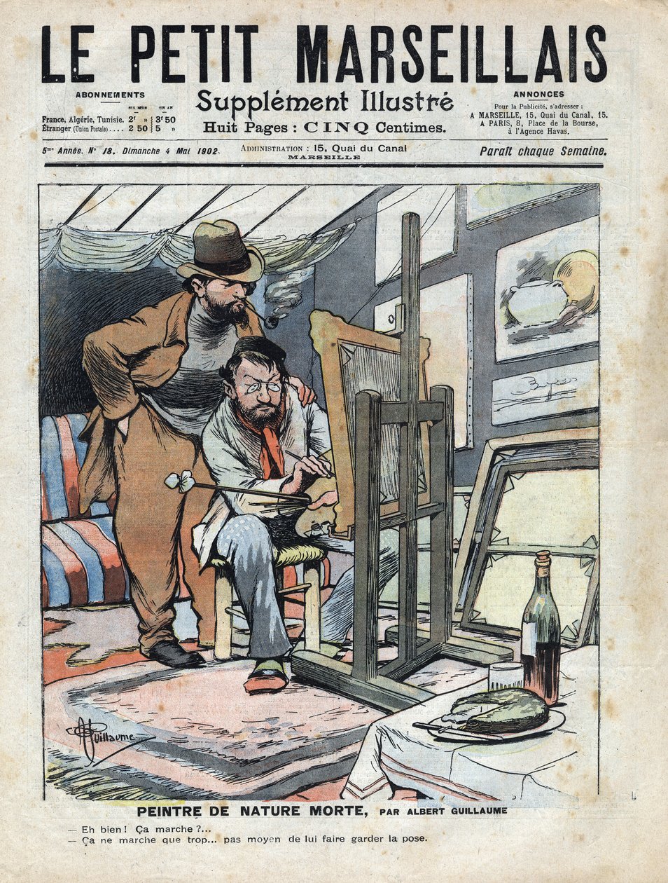 En maler på et loft som maler stilleben, vinflasken og kaken som brukes som modell står ikke stille. Illustrasjon av Albert Guillaume (1873-1942) fra "" Le petit Marseillais"" 04/05/1902 av Albert Guillaume