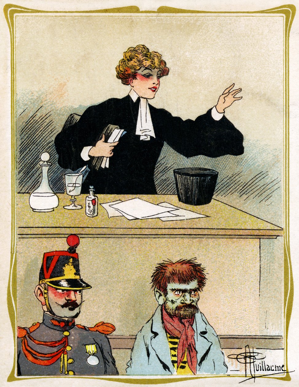 En kvinnelig advokat med et vakkert ansikt trygler og forsvarer sin klient ser tålmodig ut. Reklame, gravering 1902-1903 av Albert Guillaume