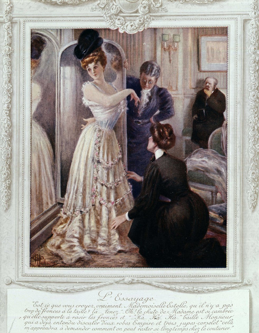 Passende scene hos couturier, av Albert Guillaume (1873-1942), ca. 1895 av Albert Guillaume