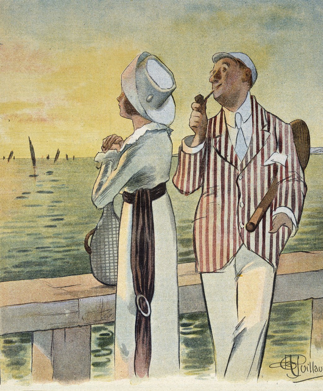 Flørt i skumringen - tegning av Albert Guillaume (1873-1942), i "" Le Rire", august 1912 av Albert Guillaume