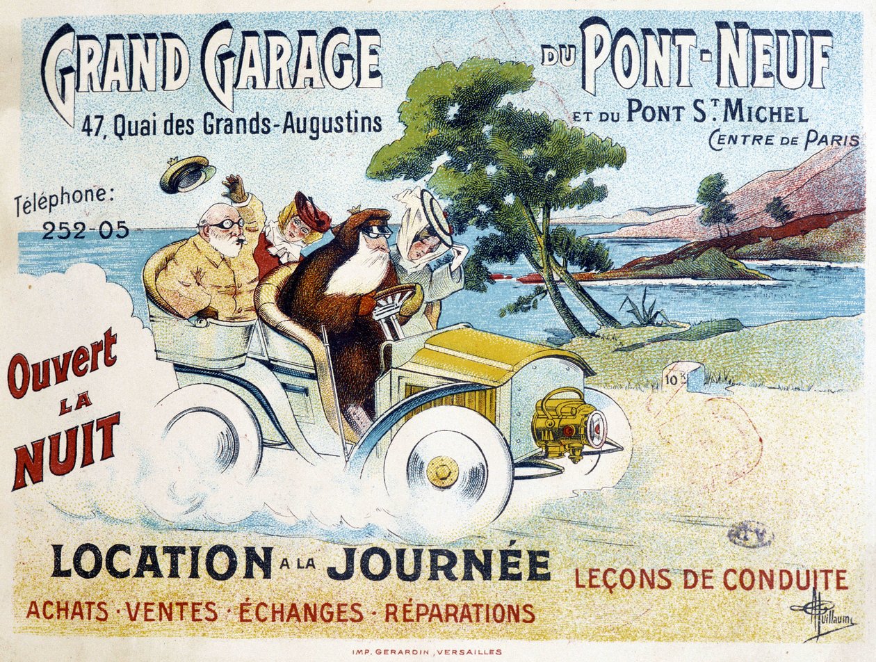 Grand Garage du Pont-Neuf: utleie, kjøretimer, kjøp, salg, reparasjoner - Reklameplakat av Albert Guillaume (1873-1942), ca. 1900 av Albert Guillaume