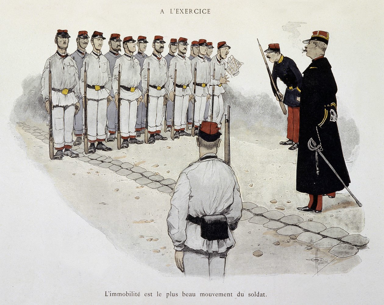 I øvelsen: immobilisering er den vakreste bevegelsen til soldaten - Armee sett av Albert Guillaume (1873-1942), ca. 1900 av Albert Guillaume