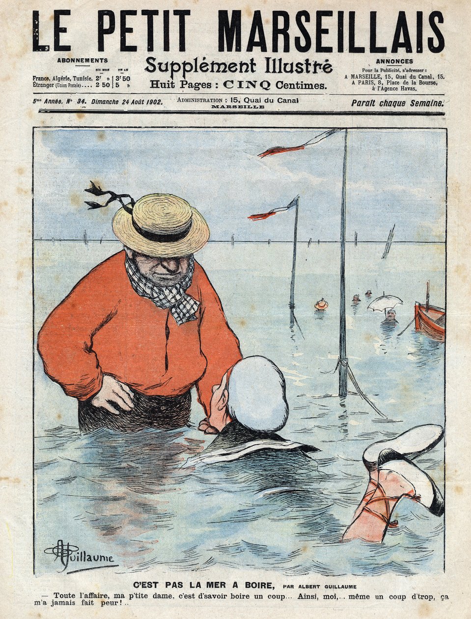 Liten komisk scene som viser en dame som lærer å svømme under øyet til en annen svømmer, drikkeelsker. Illustrasjon av Albert Guillaume fra "" Le petit Marseillais"" 24/08/1902 av Albert Guillaume