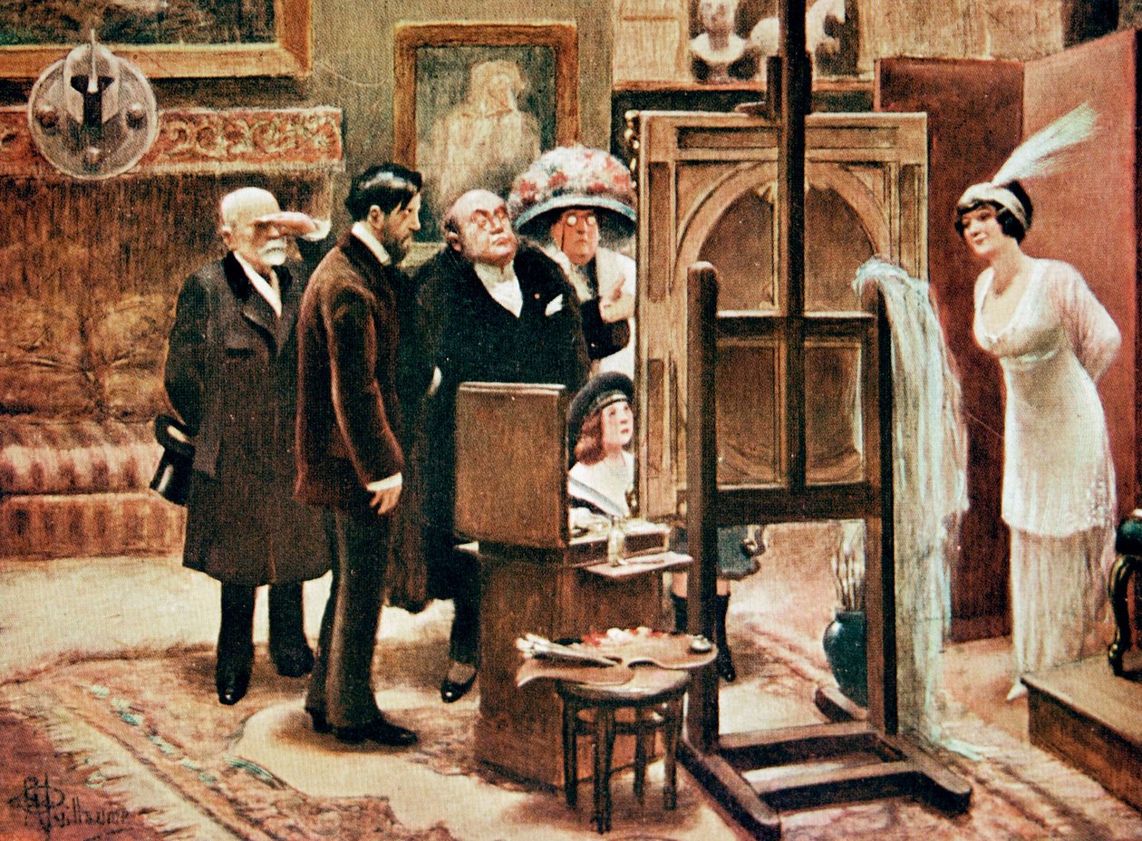 en maler som viser maleriet sitt, ca. 1920 (trykk) av Albert Guillaume