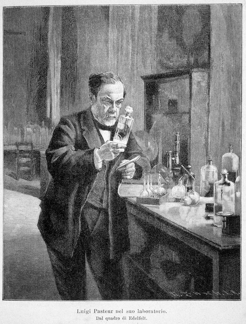 Louis Pasteur i laboratoriet hans i henhold til maleriet av edelfelt av Albert Gustaf Aristides (after) Edelfelt