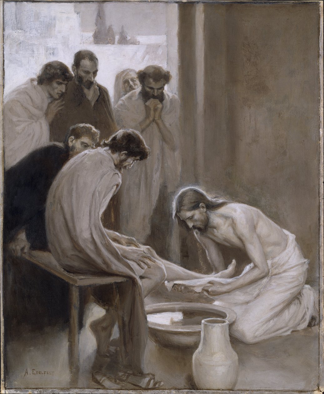 Kristus vasker disiplenes føtter - Kristus vasker disiplenes føtter, av Edelfelt, Albert Gustaf Aristides (1854-1905). Grisaille av Albert Gustaf Aristides Edelfelt