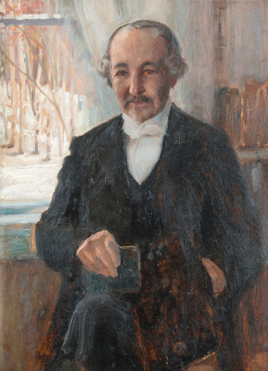 Portrett av poeten Zacharias (Sacharias) Topelius (1818-1898) av Edelfelt, Albert Gustaf Aristides (1854-1905), - Olje på papp, 41x30 - Privat samling av Albert Gustaf Aristides Edelfelt