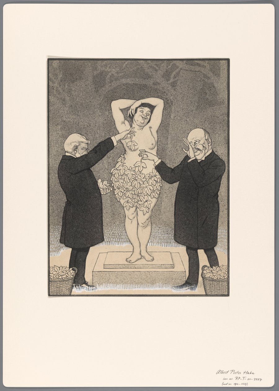 Design for en politisk tegneserie: to herrer dekker en stående naken kvinne med fikenblader av Albert Hahn (I)