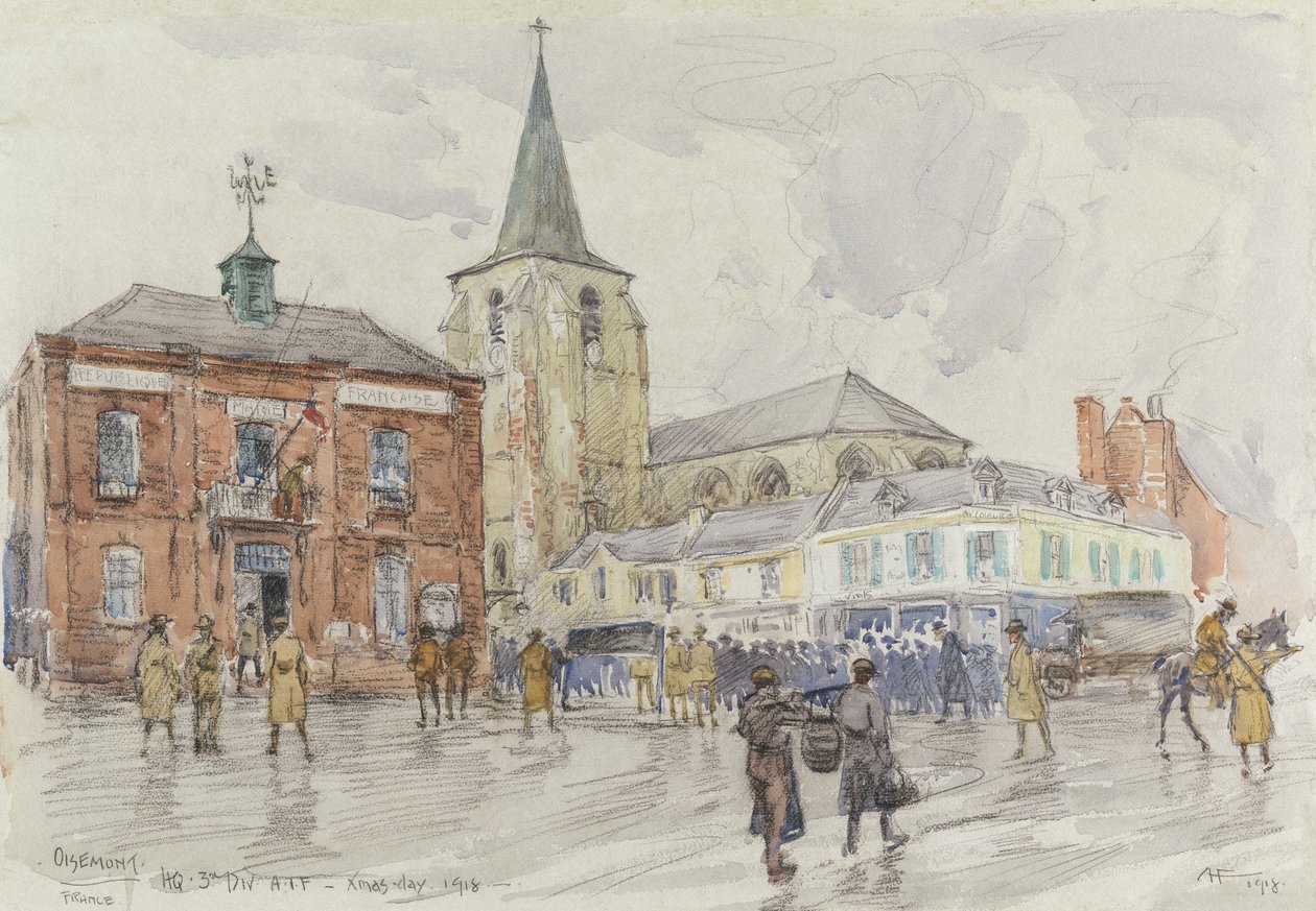 Oisemont, 3. divisjons hovedkvarter, 1918 (wc und gouache med kull på papir) av Albert Henry Fullwood