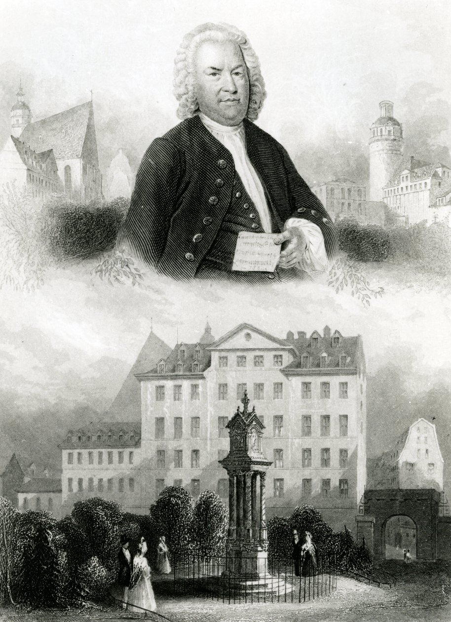 Portrett av Johann Sebastian Bach (1685-1750) og monument av Albert Henry Payne