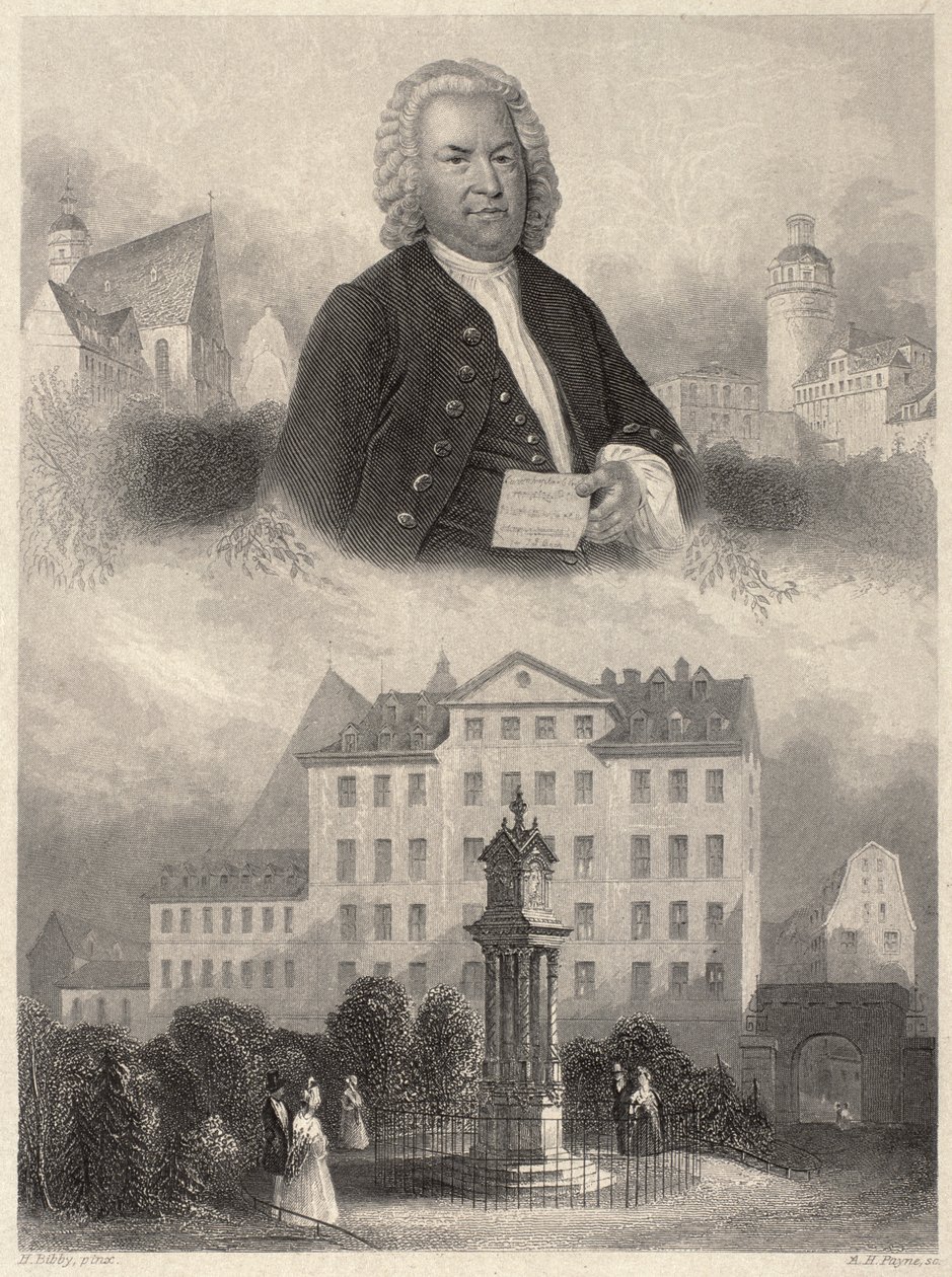 Portrett av Johann Sebastian Bach, Bachs monument og St. Thomas kirke og skole i Leipzig, ca. 1860 av Albert Henry Payne