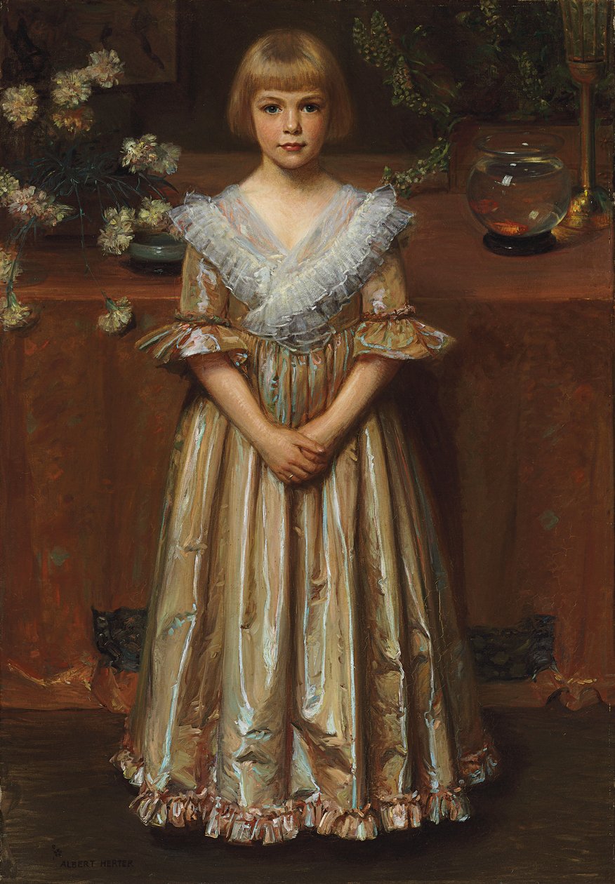 Jente med en gullfiskskål (olje på lerret) av Albert Herter
