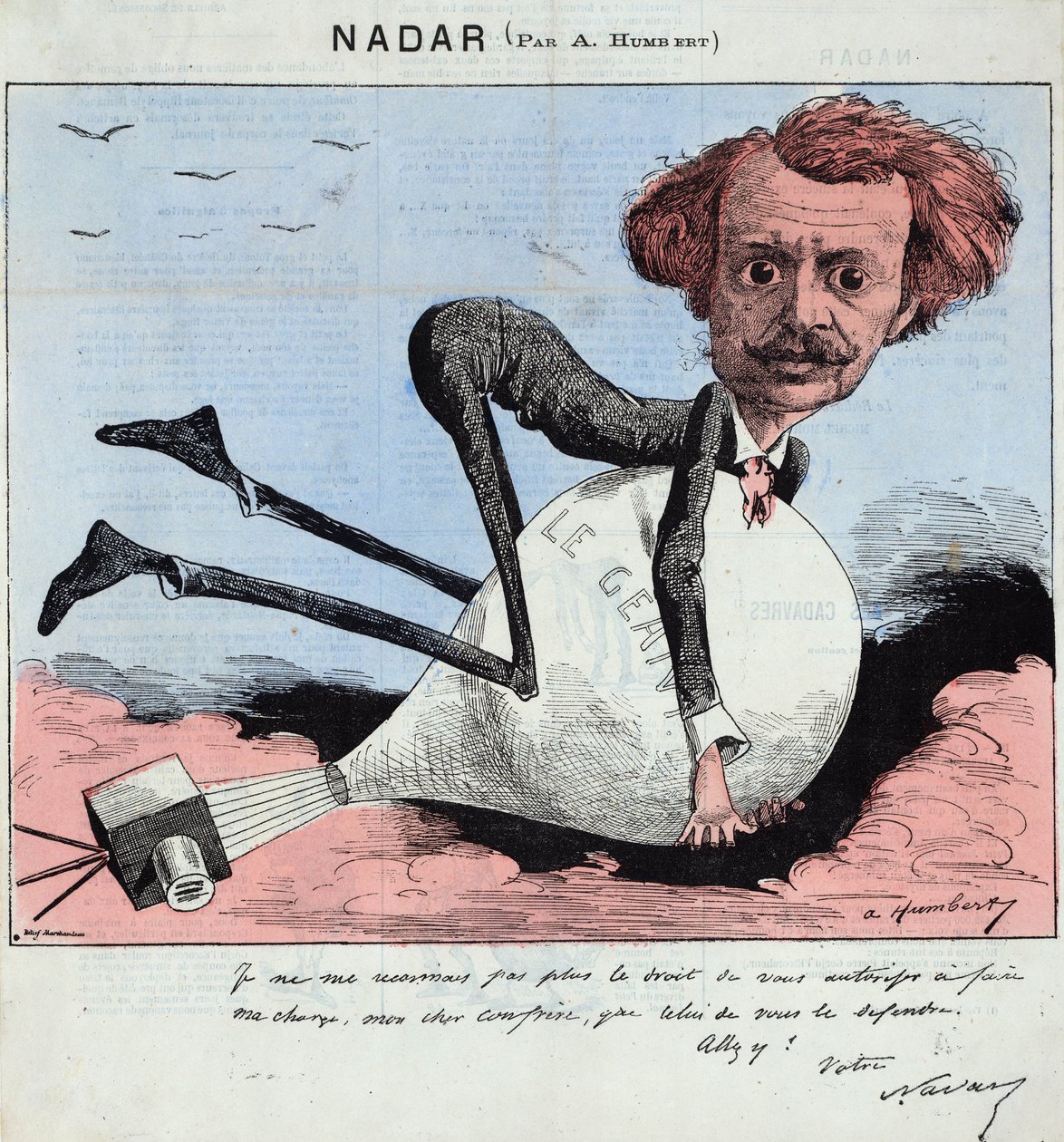 tegneserie som viser Nadar og hans varmeballong, ca. 1863 (litografi) av Albert Humbert