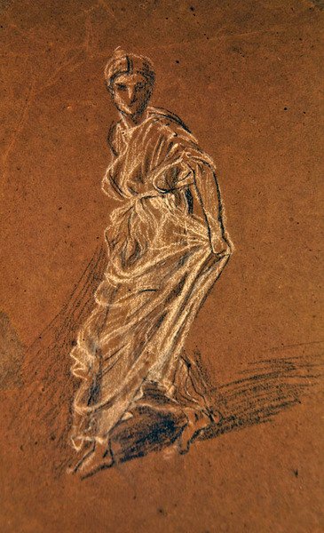 Studie av en jente som går frem og har på seg en lang kjole, ca. 1870 (svart-hvitt kritt på brunt papir) av Albert Joseph Moore