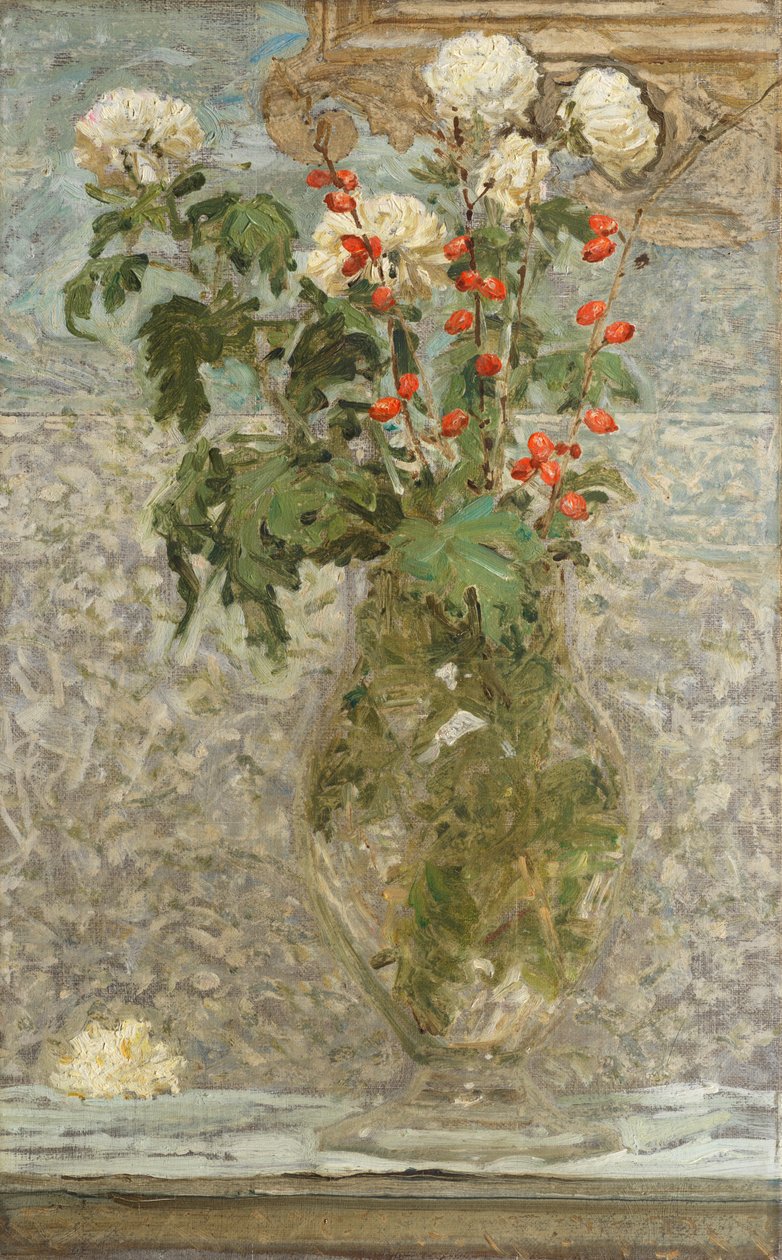Hvite krysantemum og røde bær (olje på lerret) av Albert Joseph Moore