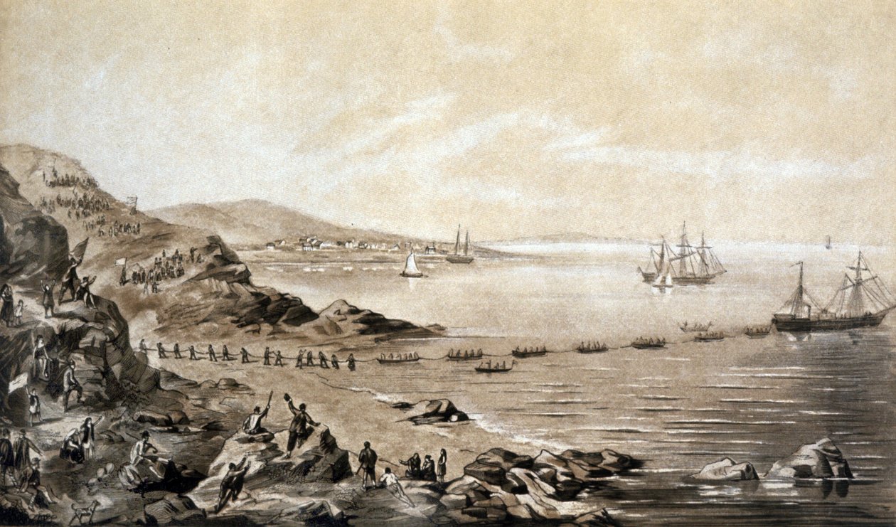 installasjon av den første transatlantiske telegrafiske kabelen mellom Irland og Canada (1857) gravering av Albert Kruger ca. 1870 av Albert Kruger