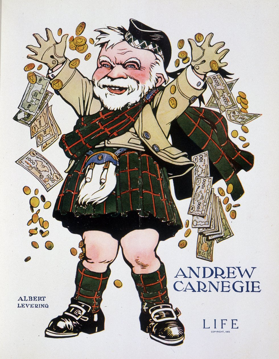 Charge-portrett av Andrew Carnegie i rutete dress og kaster penger - av Albert Levering (1869-1929), i "" Life"" fra 13.04.1905 av Albert Levering