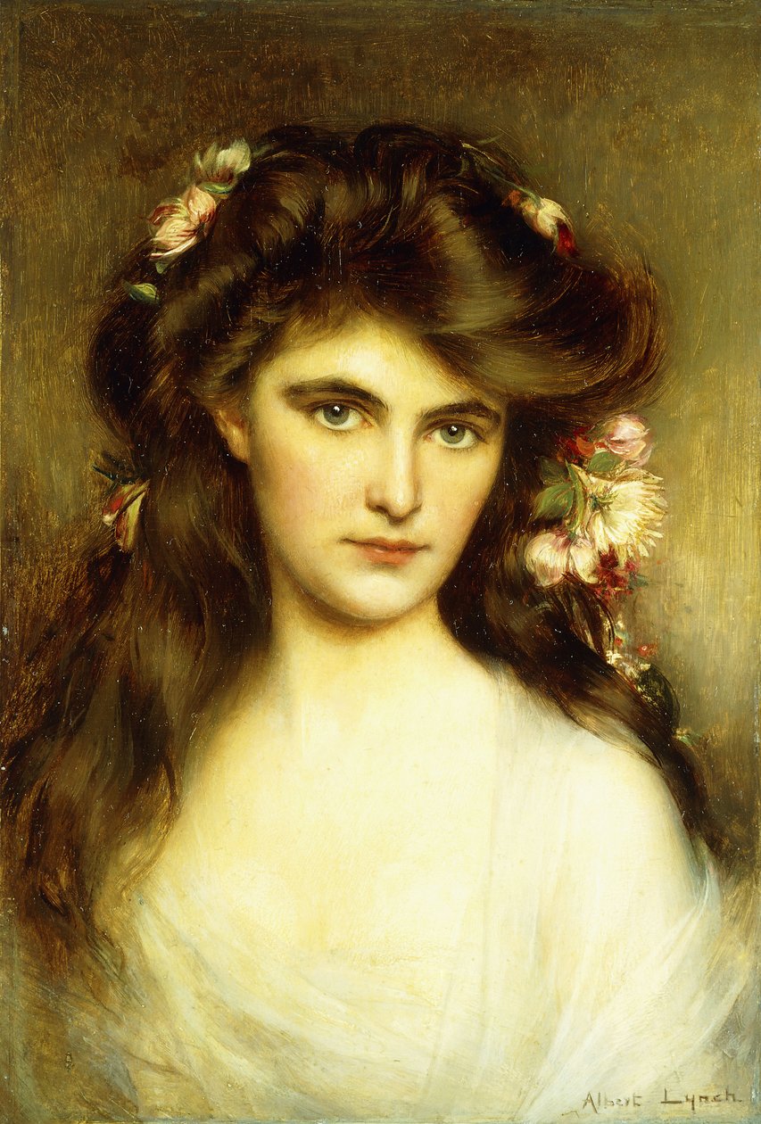 En ung skjønnhet med blomster i håret, av Albert Lynch