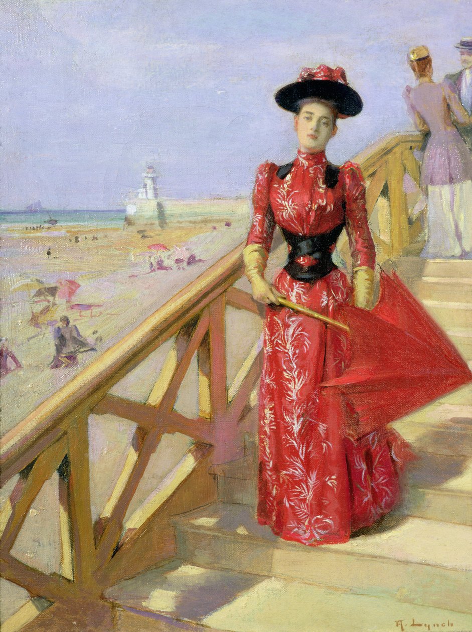 Kvinne som går ned går inn på en strand av Albert Lynch