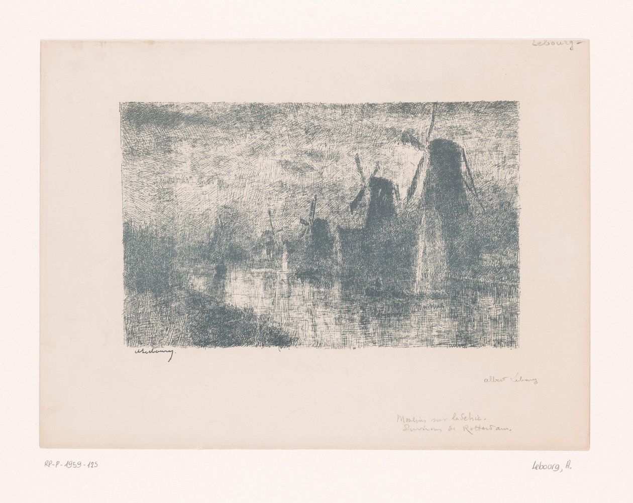 Vindmøller på Schie nær Rotterdam Moulins sur la Schie (tittel på objekt) av Albert Marie Lebourg