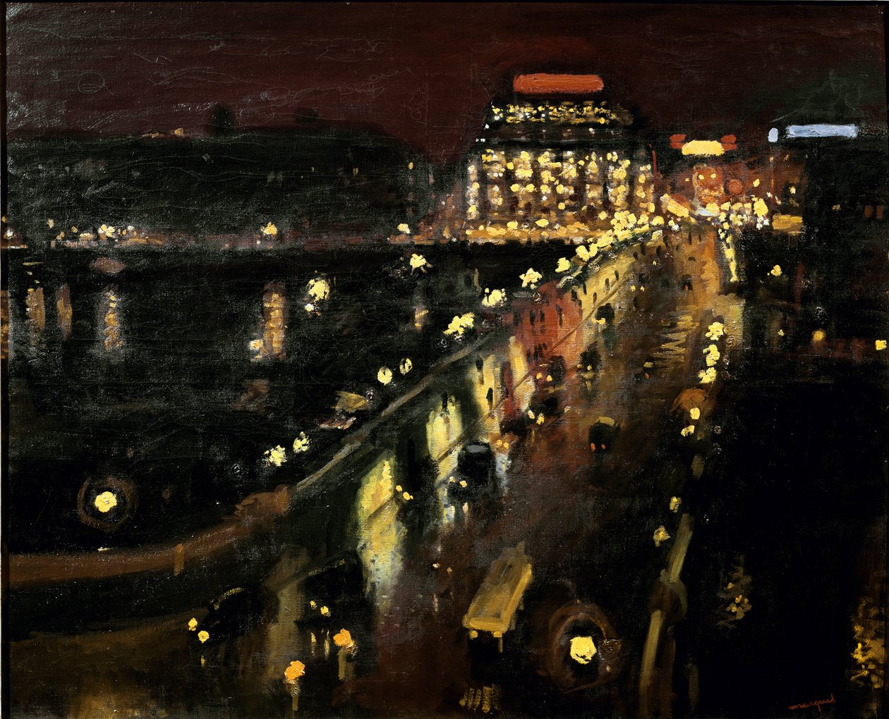 Pont Neuf i Paris om natten Samaritaine ble opplyst i bakgrunnen av Albert Marquet