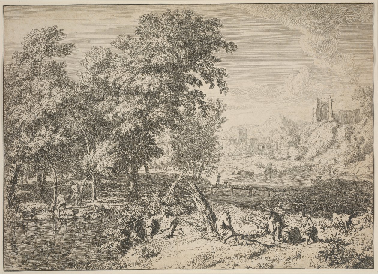 Landskap med badende (etsing) av Albert Meyering