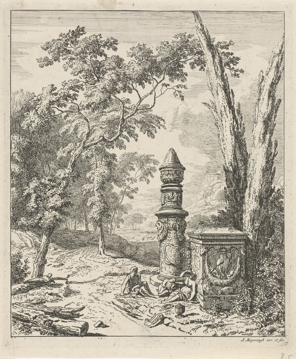 Landskap med hvilende figurer ved et begravelsesmonument Landskap (serietittel) av Albert Meyering