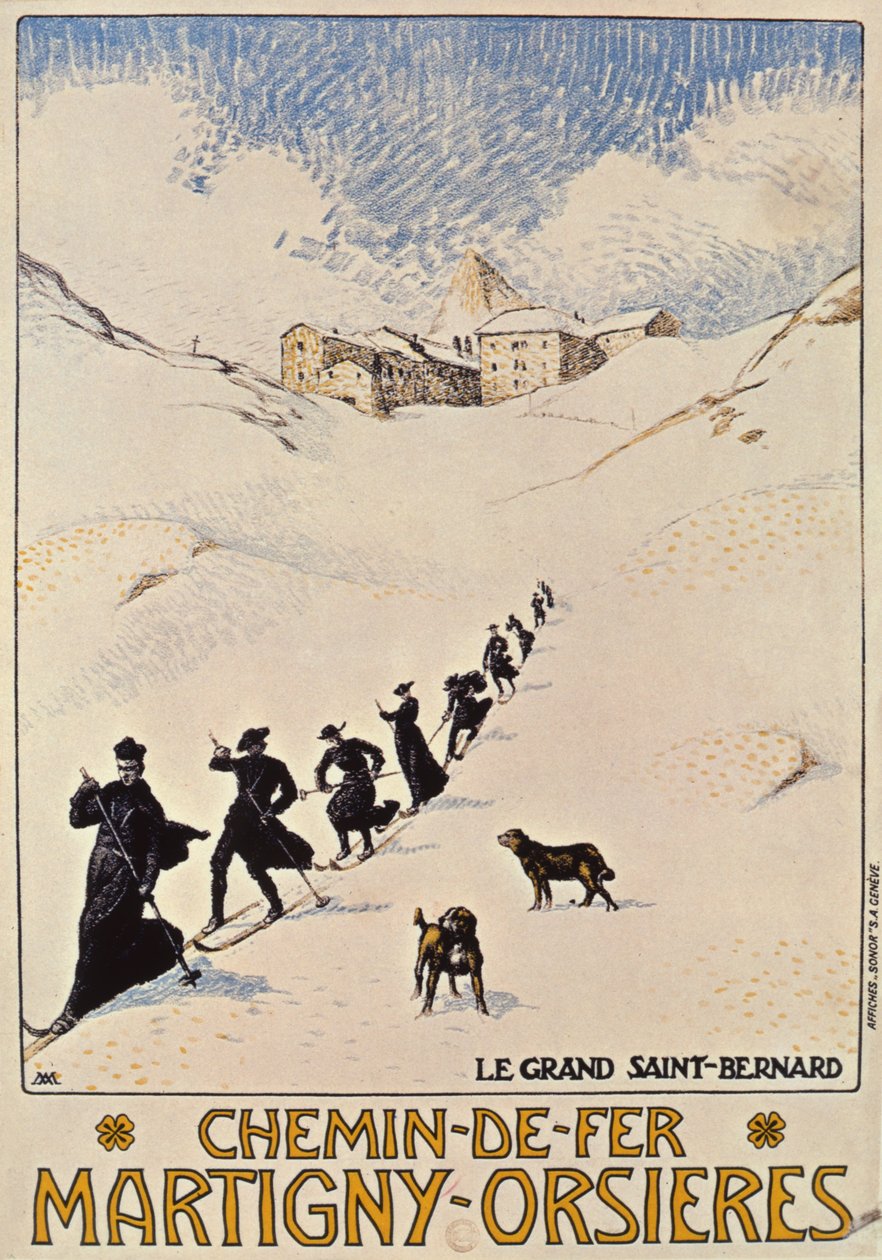 Plakat som reklamerer for den franske jernbanen fra Martigny til Orsieres, 1913 av Albert Muret