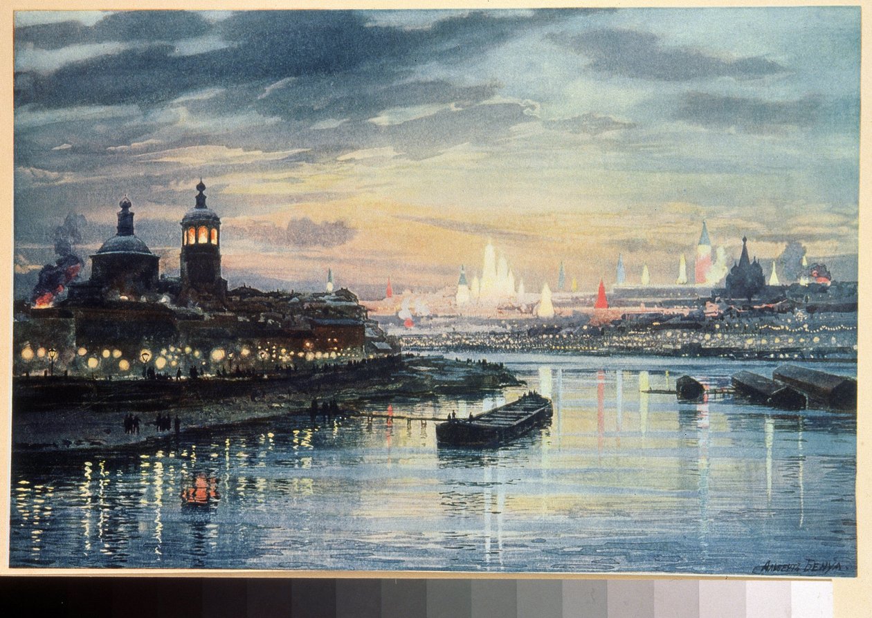 Illuminations a Moscow (Illumination in Moscow). Tegning av Albert Nikolayevich Benois (1852-1936). Fargelitografi, russisk kunst fra 1800-tallet. Det russiske statsbiblioteket, Moskva. av Albert Nikolayevich Benois