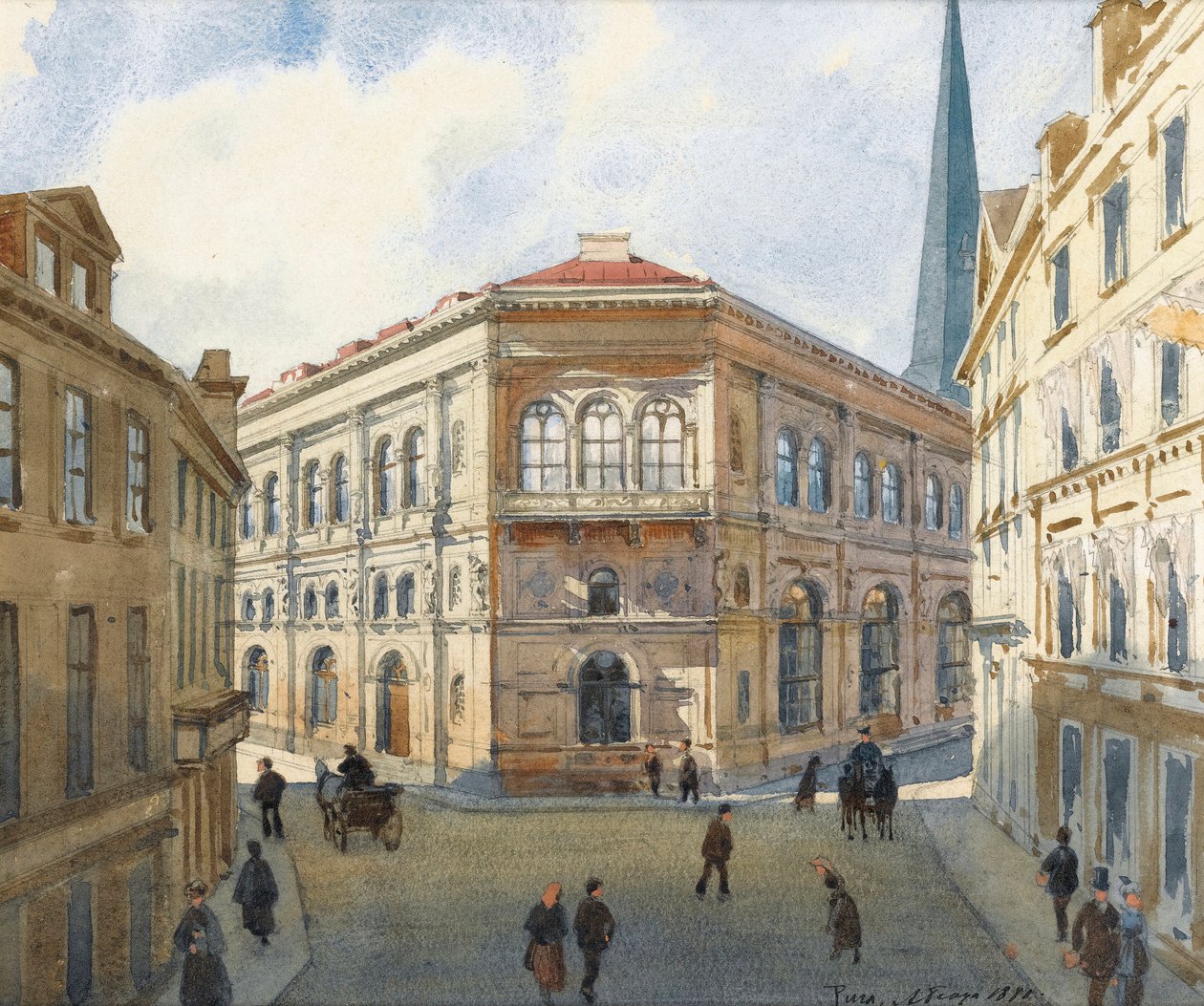 ""Portrett av Riga-børsen i Latvia"" (Utsikt over Riga-børsen) Akvarell av Albert Benois (1852-1936) - 1880 Dim 22,5x27 cm Privat samling av Albert Nikolaevich Benois