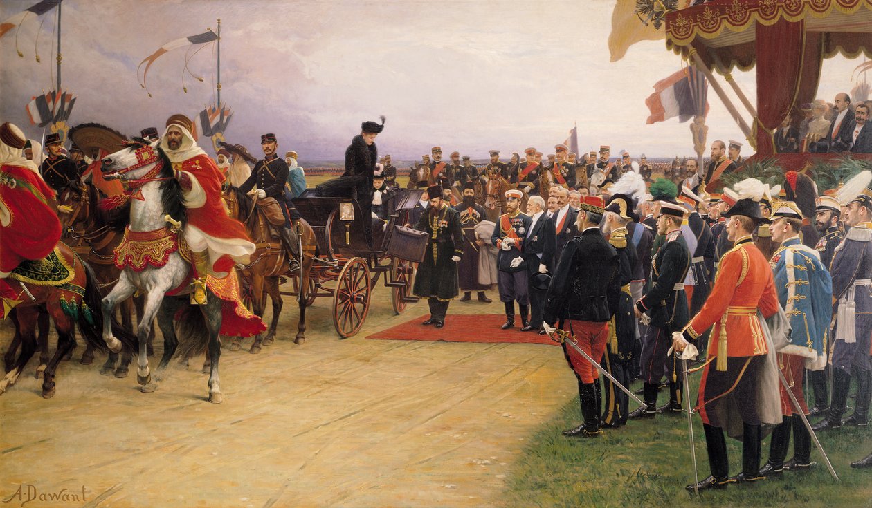 President Emile Loubet (1838-1929) ønsker tsar Nicolas II (1868-1917) og tsarina Alexandra (1872-1918) velkommen til leiren i Betheny, 21. september 1901, r.1905 av Albert Pierre Dawant