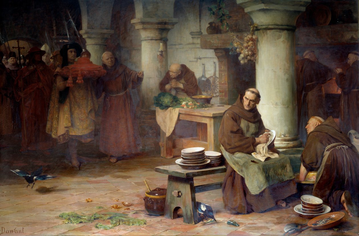 Saint Bonaventure (San Bonaventura) (1217-1274) mottar den lilla kardinalen En høy embetsmann i Vatikanet bringer kardinalens bar til munken som okkuperer menasjeriet i klosteret. Maleri av Albert Pierre Dawant (1852-1923) 1897 Søn. 1,4x av Albert Pierre Dawant