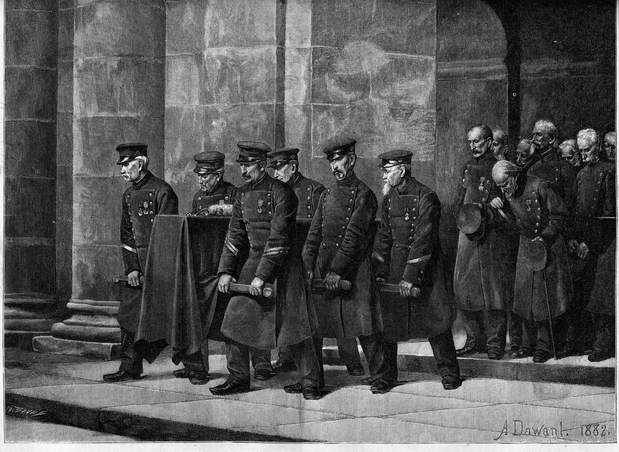 The funeral of a disabled person. French soldiers carrying the coffin of a soldier during his funeral in the Church of Soldiers (Saint Louis des Invalides) in Paris. Engraving after the painting by Albert Pierre Dawant (1852-1923) in “” The Illustrous Worl av Albert Pierre Dawant