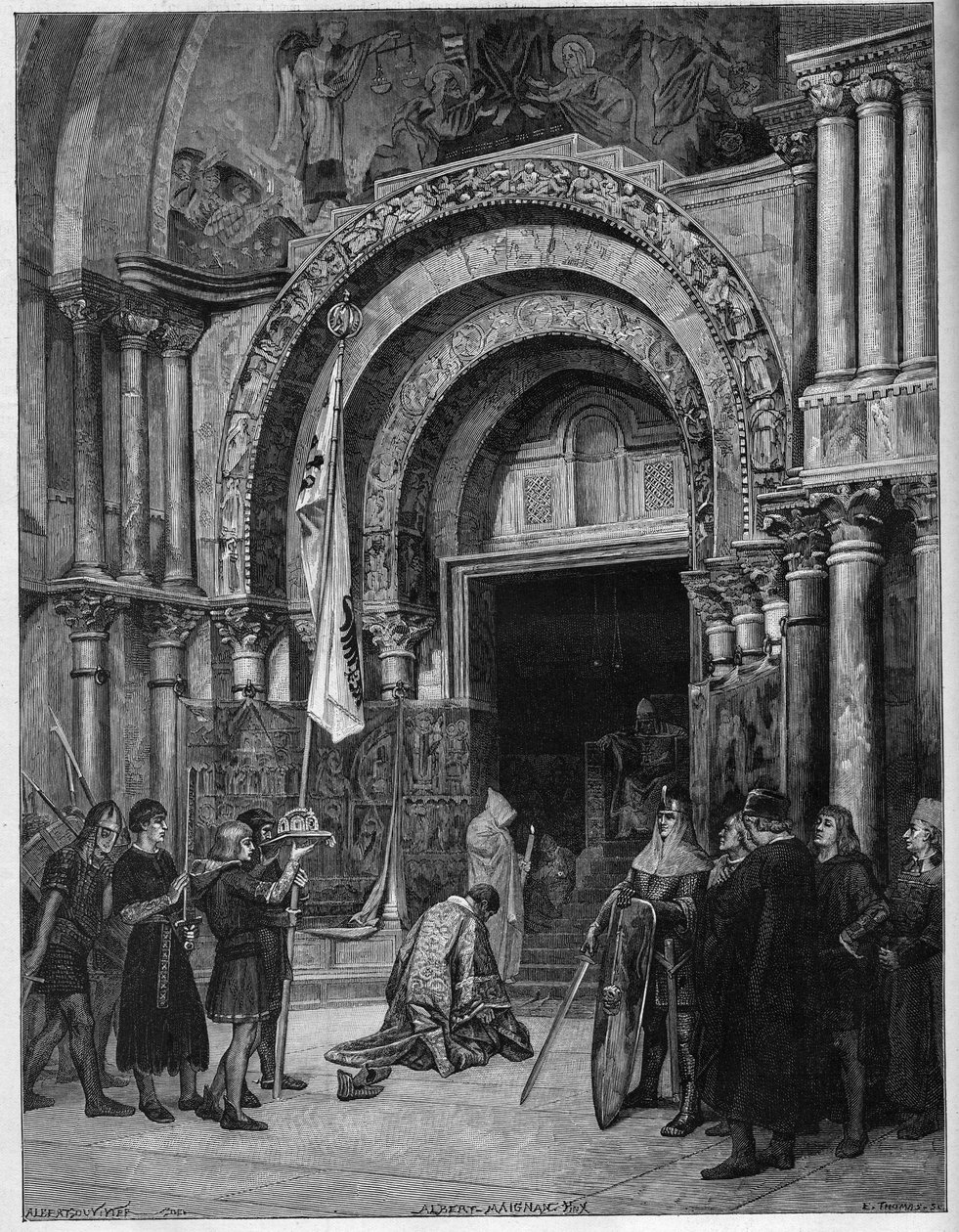 Frederic Barberose at the feet of the Pope. Emperor Frederic I of Hohenstaufen (1122-1190) prostrates to Pope Alexander III (1105-1181) who awaits him under the gate of St. Mark (San Marco) in Venice in 1177. Engraving after a painting by Albert Maignan (1 av Albert Pierre René (after) Maignan