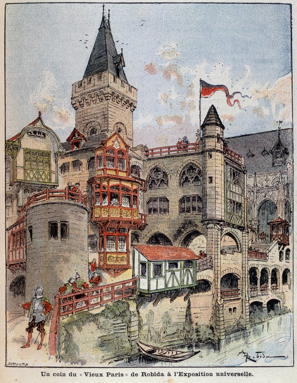 Et hjørne av Robidas "Gamle Paris" på verdensutstillingen. Omslag "" Den lille franskmannen illustrert"" av 26.05.1900. av Albert Robida