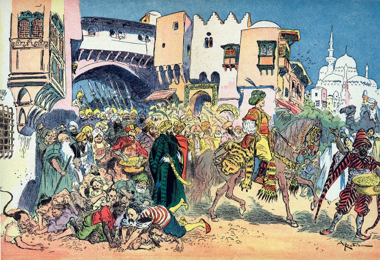 Aladdin rir gjennom byens gater og kaster penger rundt ham Illustrasjon av Albert Robida (1848-1926) for eventyret "Aladin og den vidunderlige lampen" i "" les mille et une nuits" (Illustrasjon til eventyret "" Aladdin&qu av Albert Robida