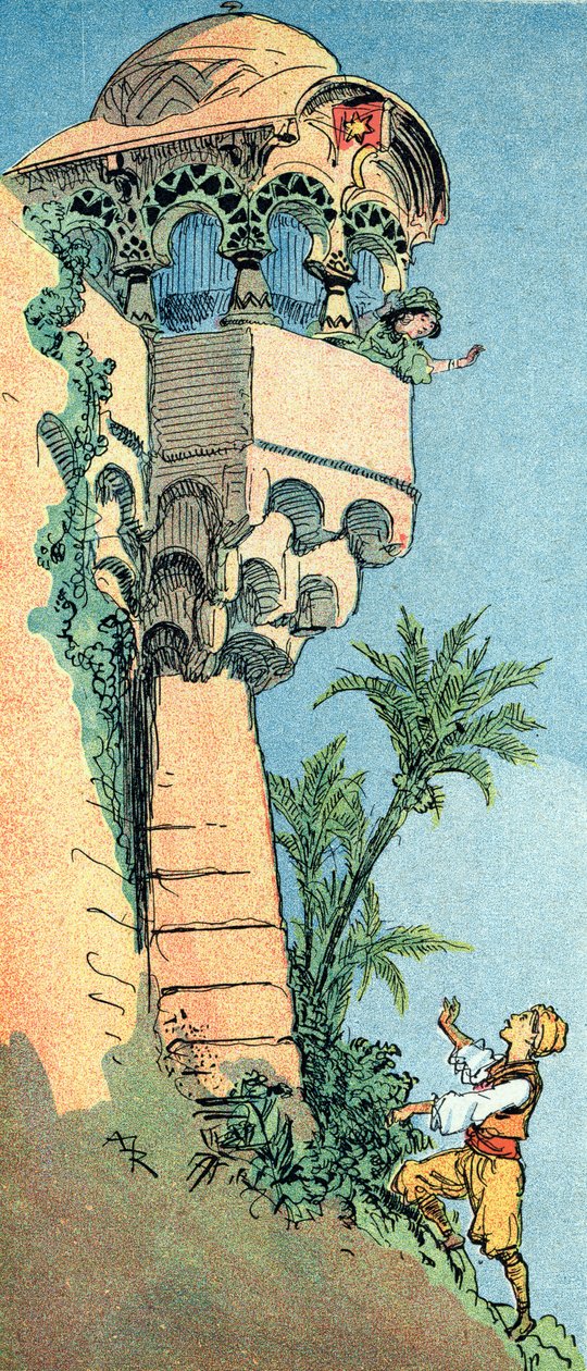 Aladin finner palasset sitt og kona Illustrasjon av Albert Robida (1848-1926) for eventyret "Aladin og den fantastiske lampen" i "" les mille et une nuits"" i "The Book of One Thousand One Nights or" The Arabian Nigh av Albert Robida